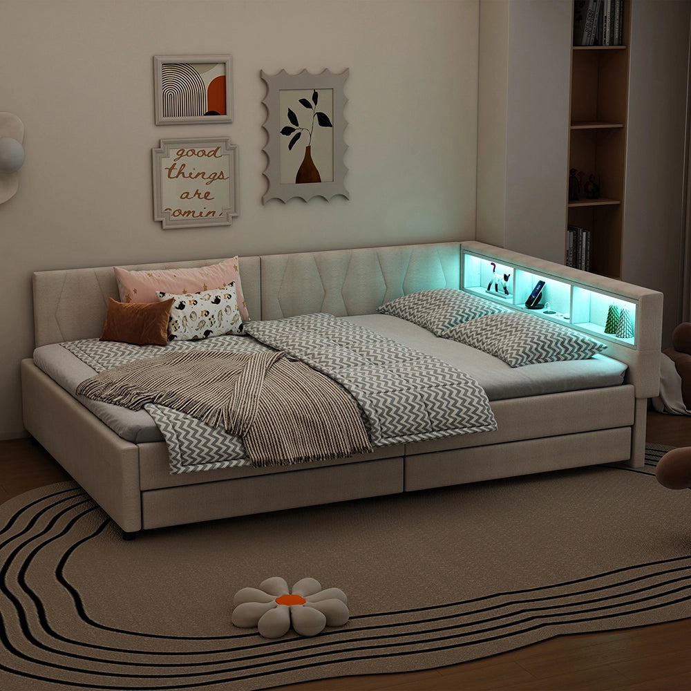 Daybed-Xylo-140x200 cm-LED, USB-C, 2 cassetti, lino beige