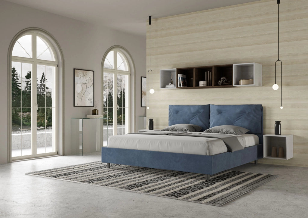 BS COM Letto matrimoniale king size senza rete imbottito 200x210 microfibra blu