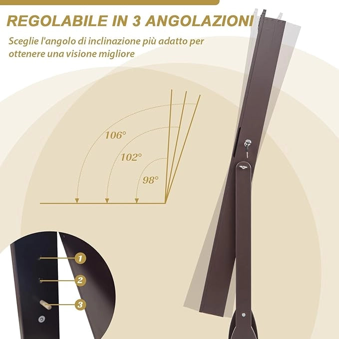 Armadio Portagioie da Terra con Ruote, Specchio Portagioie con Luci LED, Specchio a Figura Intera, Angolo Regolabile, Organizer per Gioielli (Marrone, 45 x 35 x 157 cm, Con Cassetto)