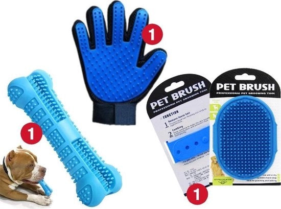 Set di Cura per Cani - Spazzola per Denti del Cane (Azzurro) + Spazzola per la Pelliccia del Cane (Azzurro) + Guanto per Capelli di Animali