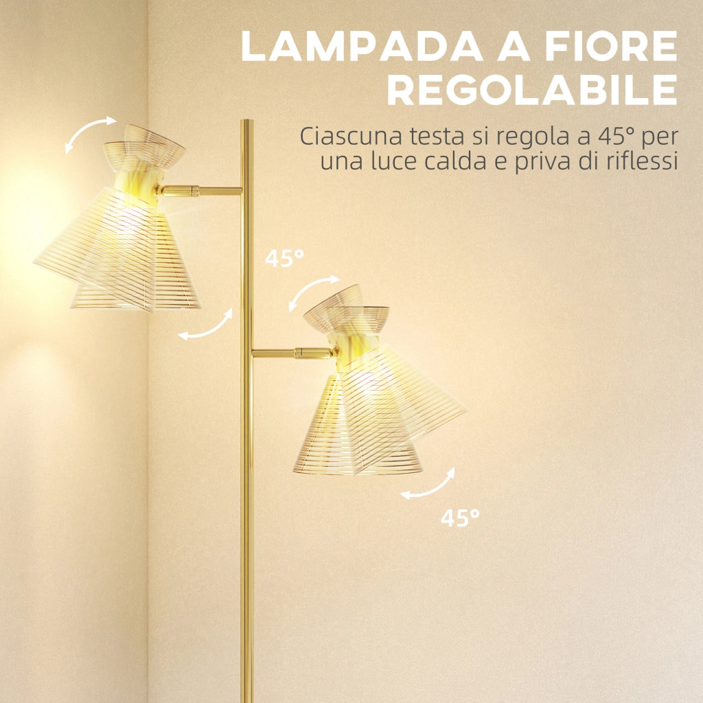 Lampada da Terra Moderna 2 Luci ¨C Xylo ¨C Oro, Teste Regolabili, Interruttore a Pedale