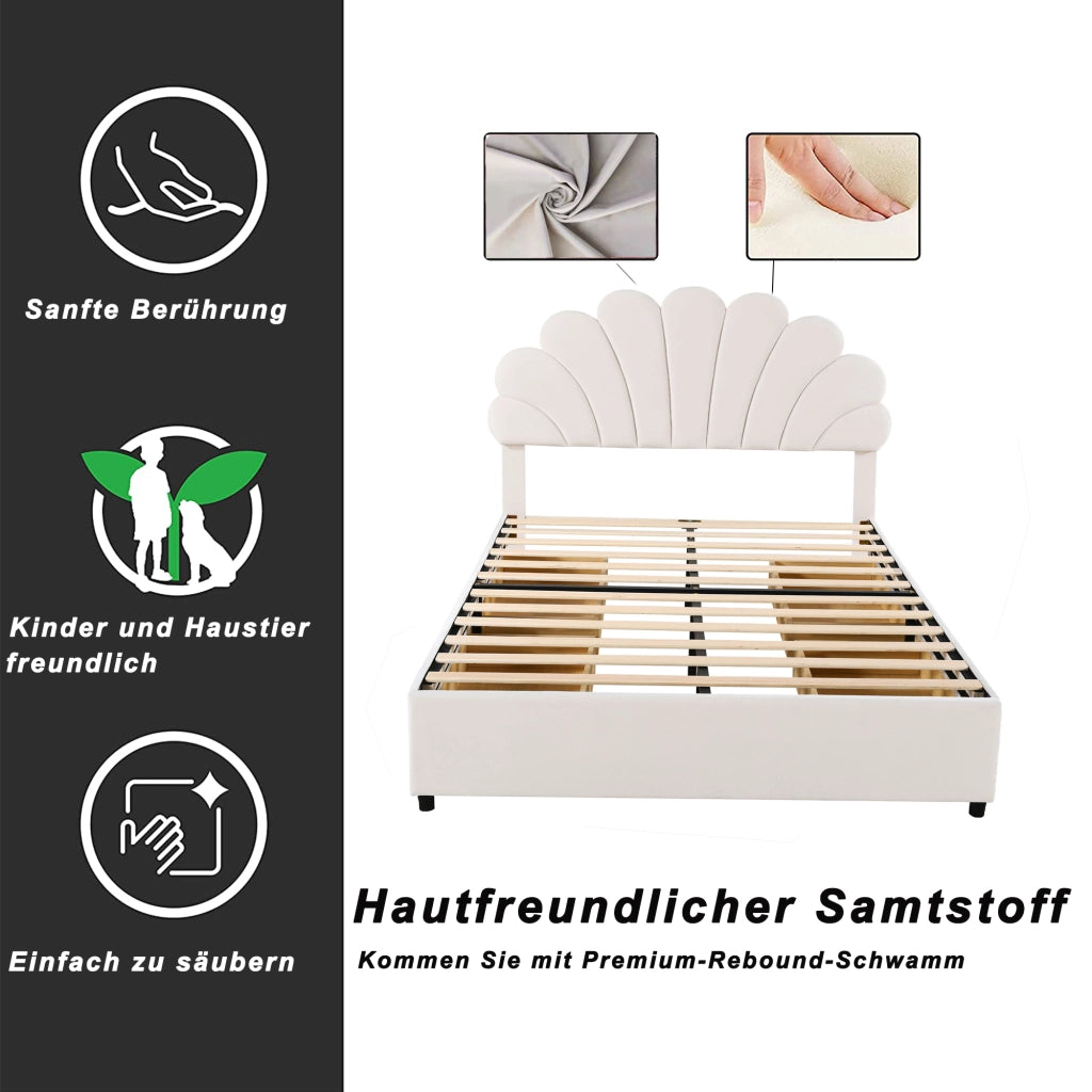 LETTO Imbottito 140x200 cm Beige con 4 cassetti e testiera floreale