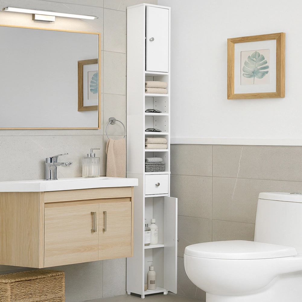 Armadio da Bagno Alto Mobiletto 2 Ante e 1 Cassetto Bianco Armadietto 20x180 cm