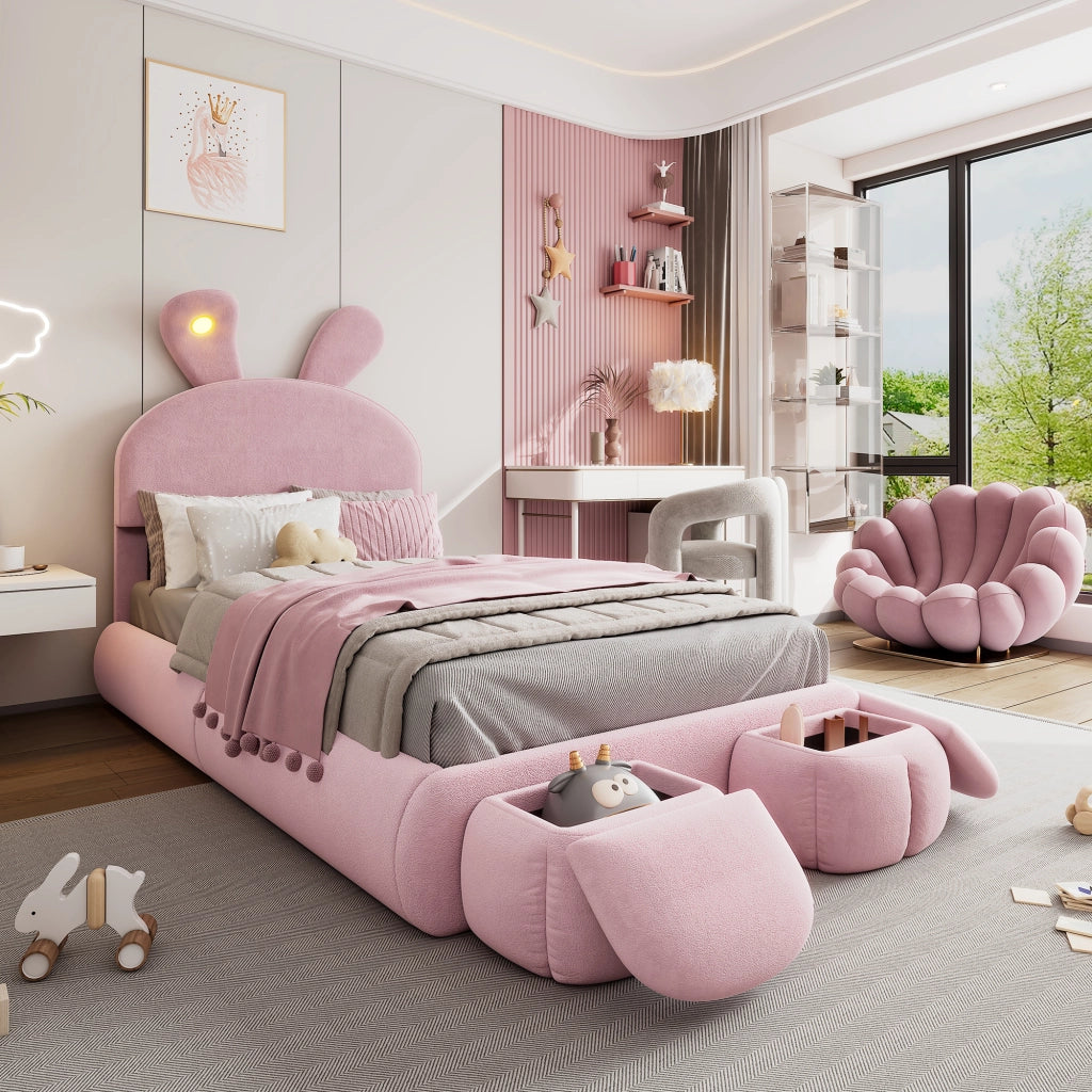 LETTO Singolo 90x200 cm in Velluto Rosa con LED e 2 pouf contenitore