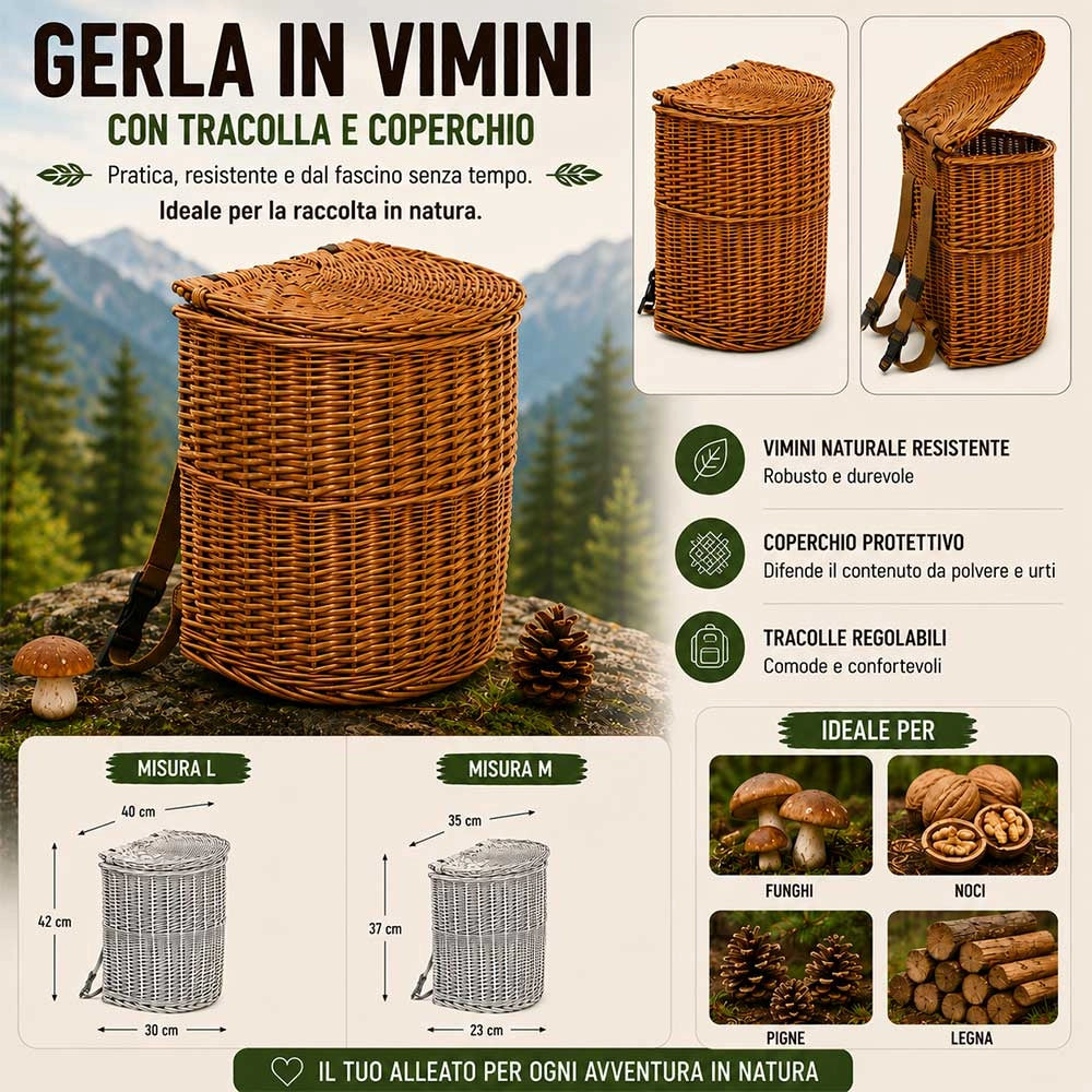 Cesto gerla in vimini con coperchio e tracolla 35 x 23 x h 37 cm