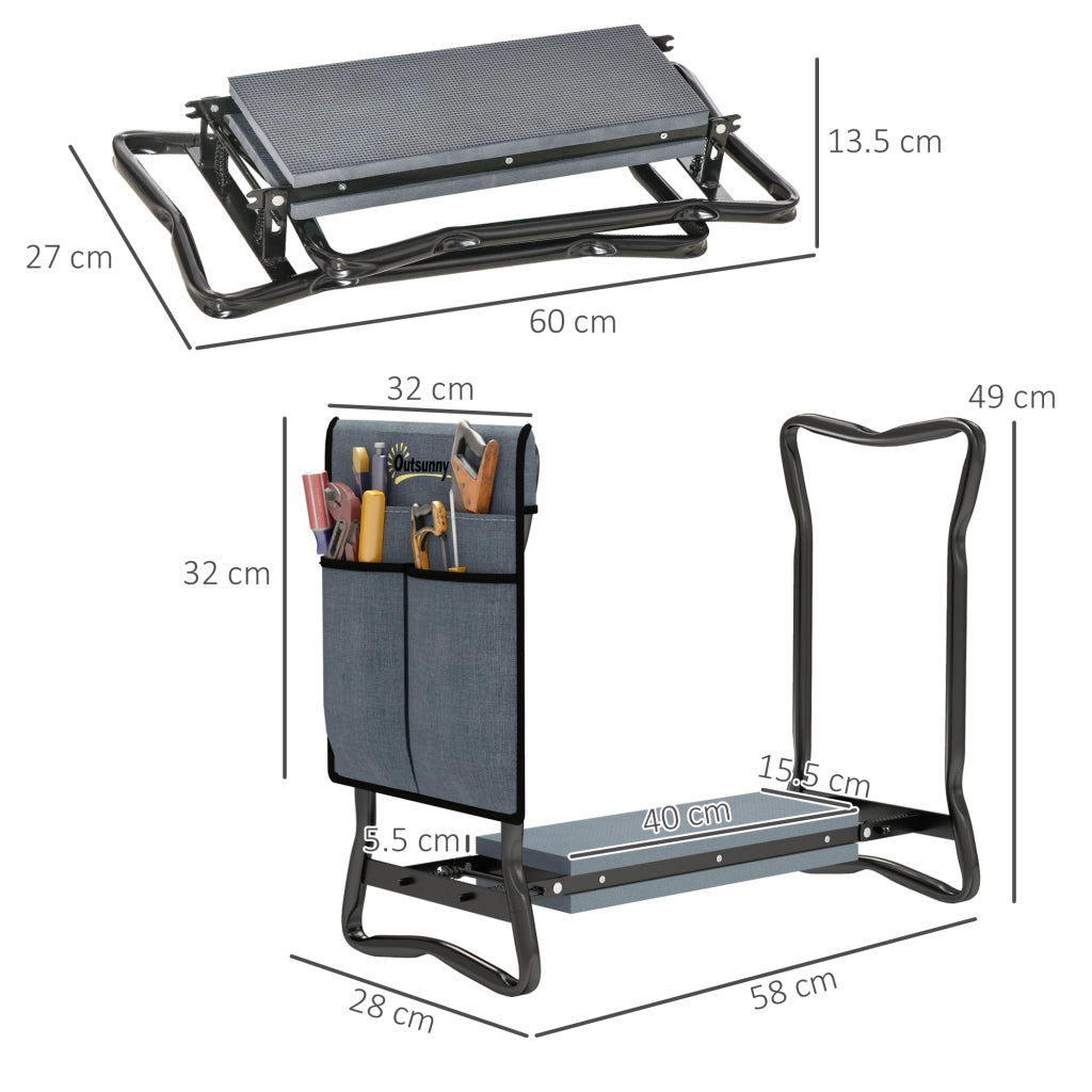 Sedia Inginocchiatoio 2 in 1 in Acciaio con Borsa Portaoggetti e Cuscino in EVA, 58x28x49 cm, Grigio e Nero