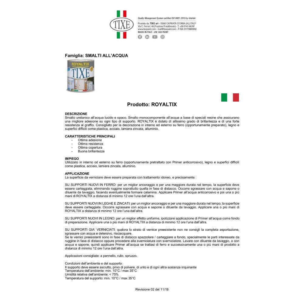 Royaltix 750ml, tutti i ral serie 7000, smalto all' acqua vernice diretta su lamiera, acciaio e alluminio, brillantezza