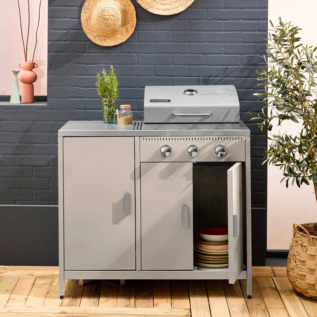 Modulo cucina da esterno in metallo con barbecue a gas a 3 bruciatori,