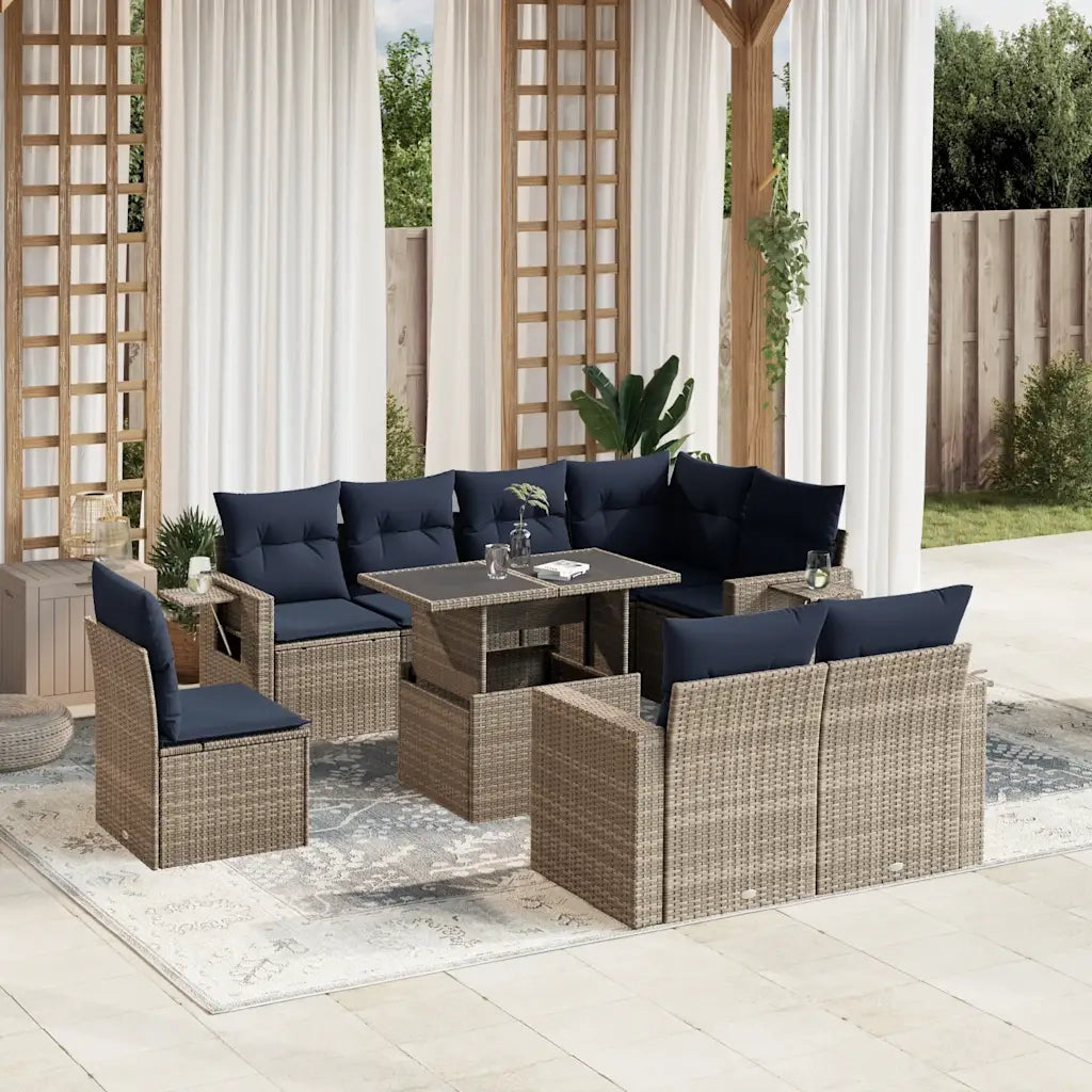 Set Divani da Giardino 9 pz con Cuscini Grigio in Polyrattan 3268041