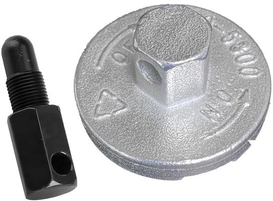 Blocco universale per motori - Stoppa bielle - Rimuovi frizione - Espansione per la disassemblazione - Materiale: alluminio/ABS/PP - Lunghezza maniglia a vite: 6,2 cm - Peso: 300 gram - Accessorio per motorzaag