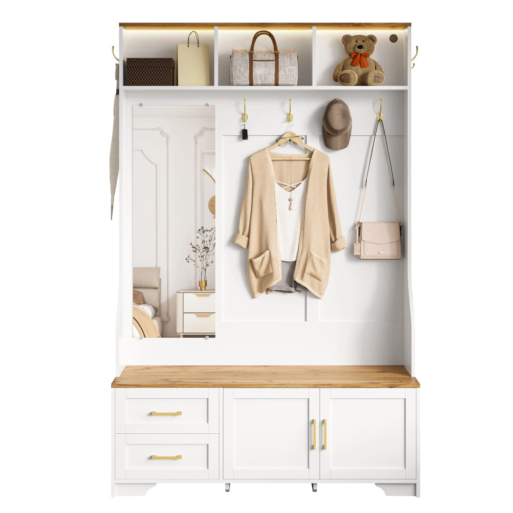 Armadio guardaroba da ingresso con scarpiera, specchio, LED, ganci e cassetti 120x40x187 cm bianco effetto legno