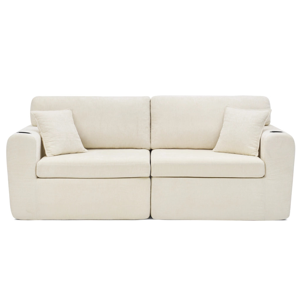 Divano relax 2 posti in chenille con USB; tasche laterali e portabevande; beige
