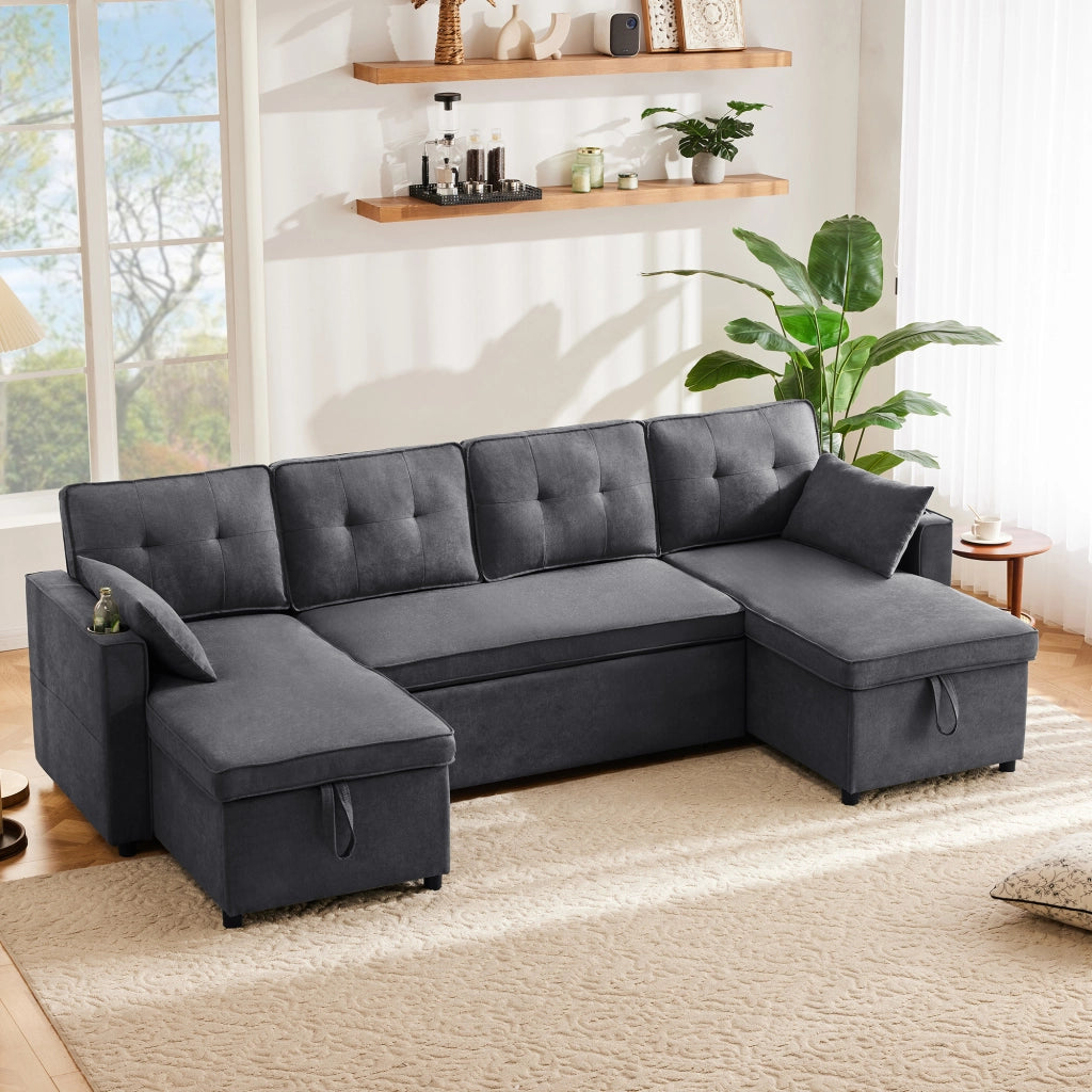 OKWISH Divano Letto Panoramico a U 4 Posti, con Contenitori, Portabicchieri e Tasche Laterali, Tessuto Cotone Lino Grigio