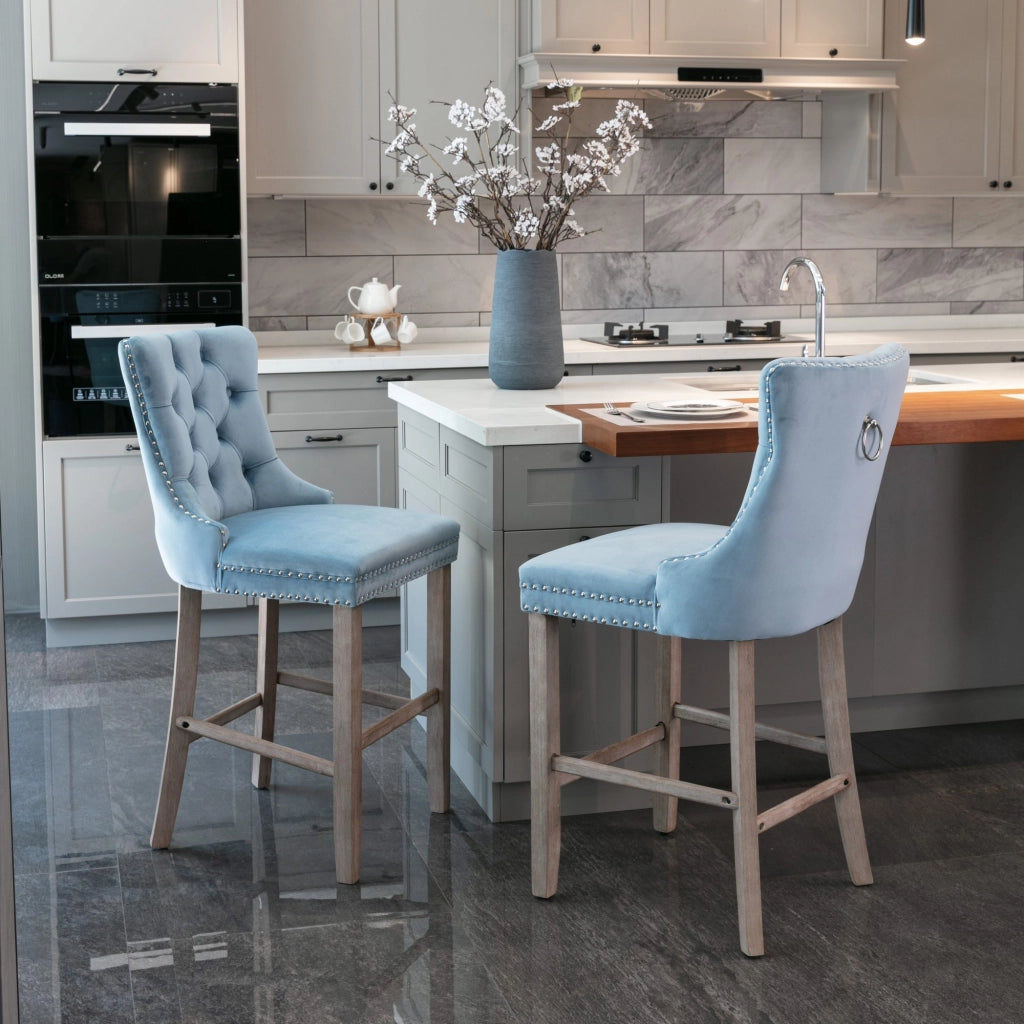 Sgabelli da Bar in Velluto con Gambe in Legno ¨C MINIMAL ¨C Set 2 Pezzi, Azzurro Chiaro
