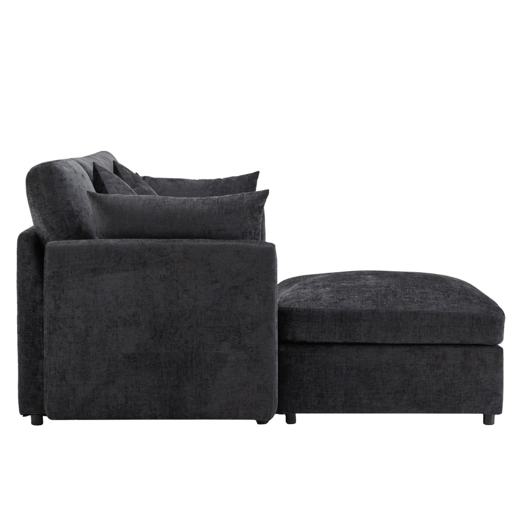 Divano angolare L convertibile in 3 posti - Zephmum- Grigio con cuscini in chenille e pouf mobile