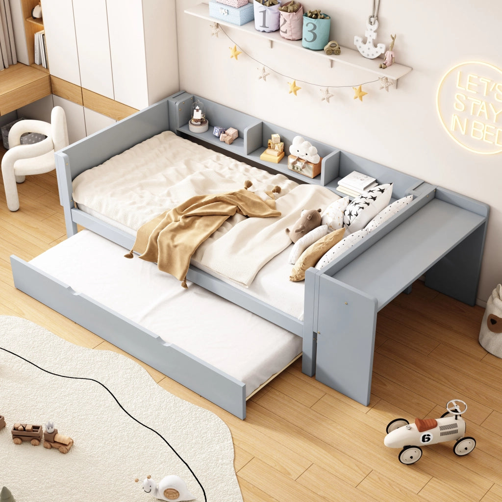 Letto singolo 90x200 cm in pino e MDF con letto estraibile, scrivania e 3 ripiani laterali, grigio