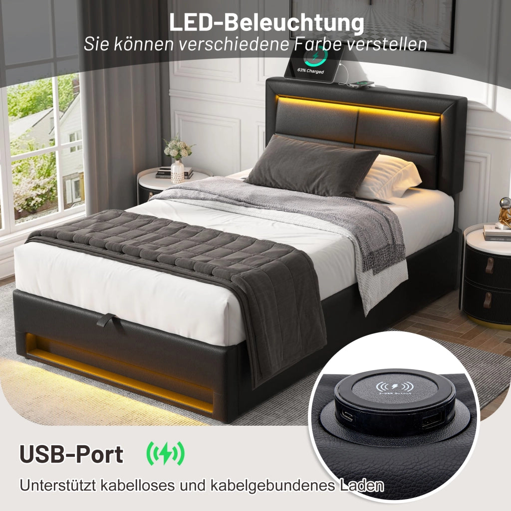 LETTO Imbottito 90x200 cm PU Nero con USB, LED e vano contenitore