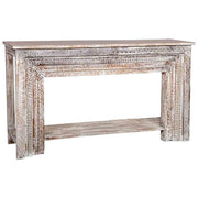 Mobile da ingresso in legno intagliato con finitura marrone invecchiato fatto a mano 160x39x86