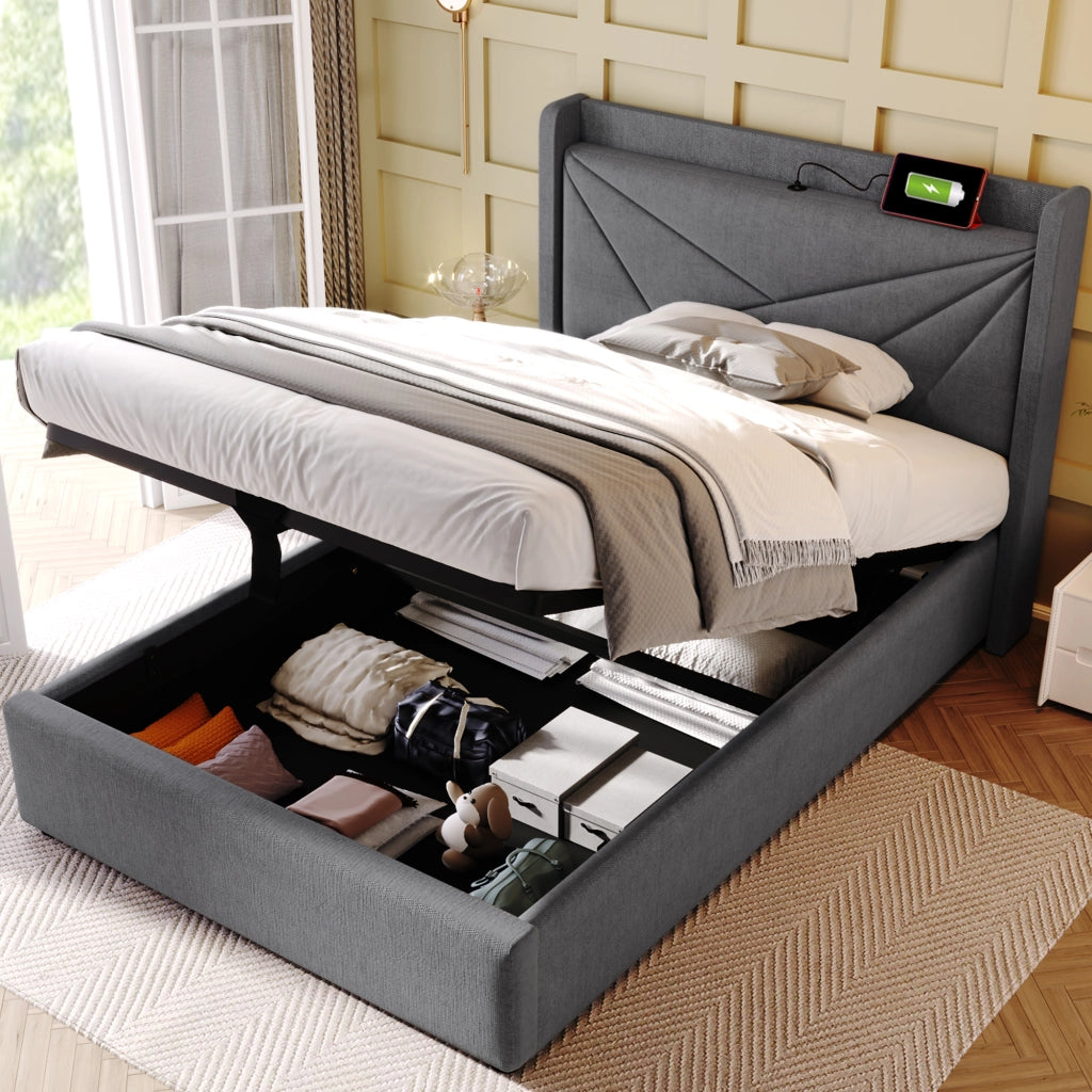 LETTO Singolo Contenitore 90x200 cm Grigio in Cotone-Lino con USB e Type-C