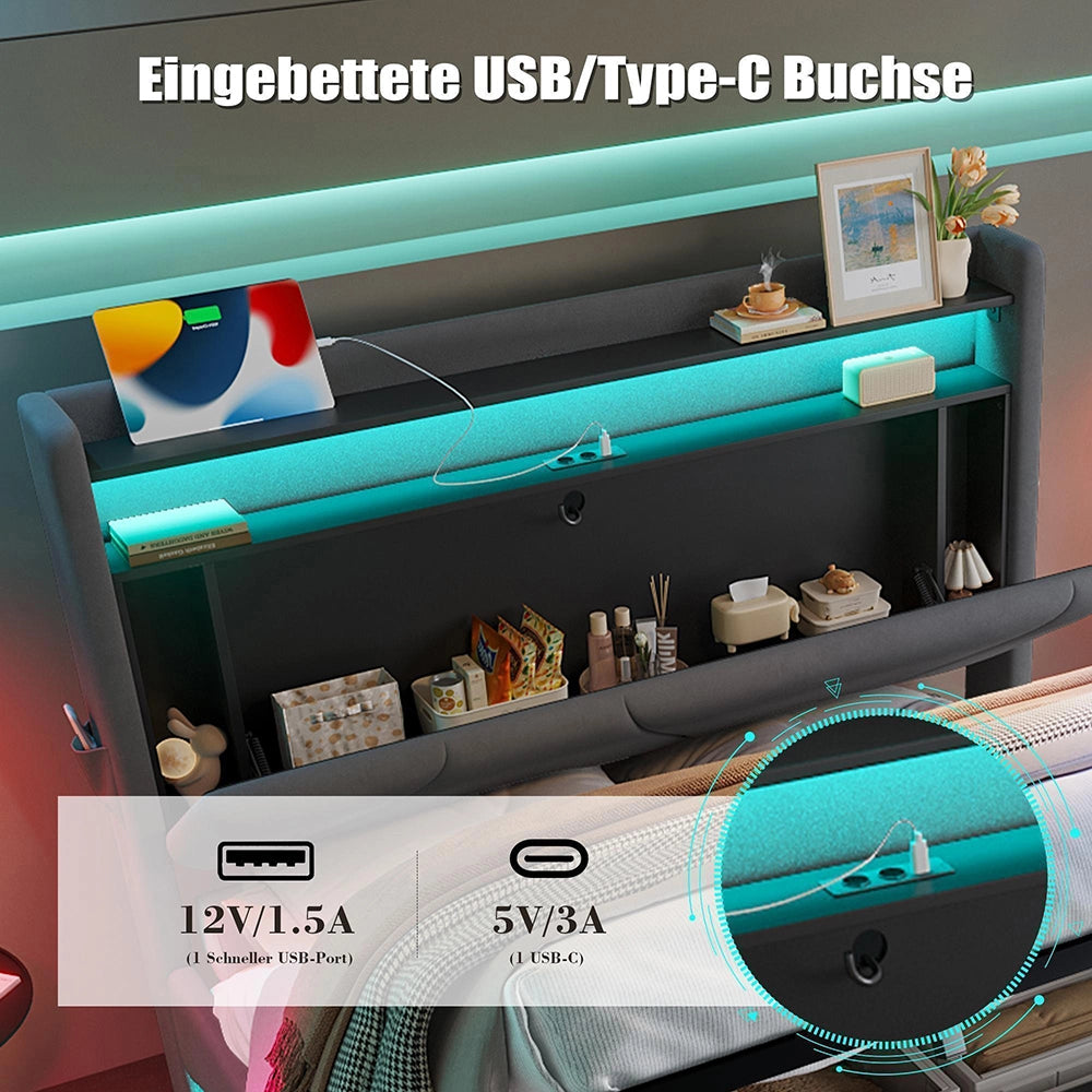 Letto 160x200cm imbottito - Xylo - LED USB tasche laterali idraulico