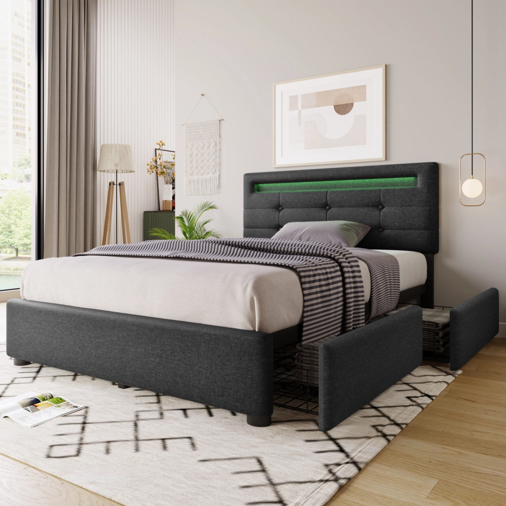 LETTO Singolo 90x200 cm in lino grigio con LED e 2 cassetti