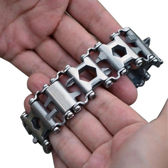 Strumento Multifunzionale per Esterno - Bracciale con Apri Scorciatoie - Apri Bottiglie - Chiave a Tastone - 29 in 1 Cinturino in Acciaio Inossidabile - Indossabile - Attrezzo per Emergenza