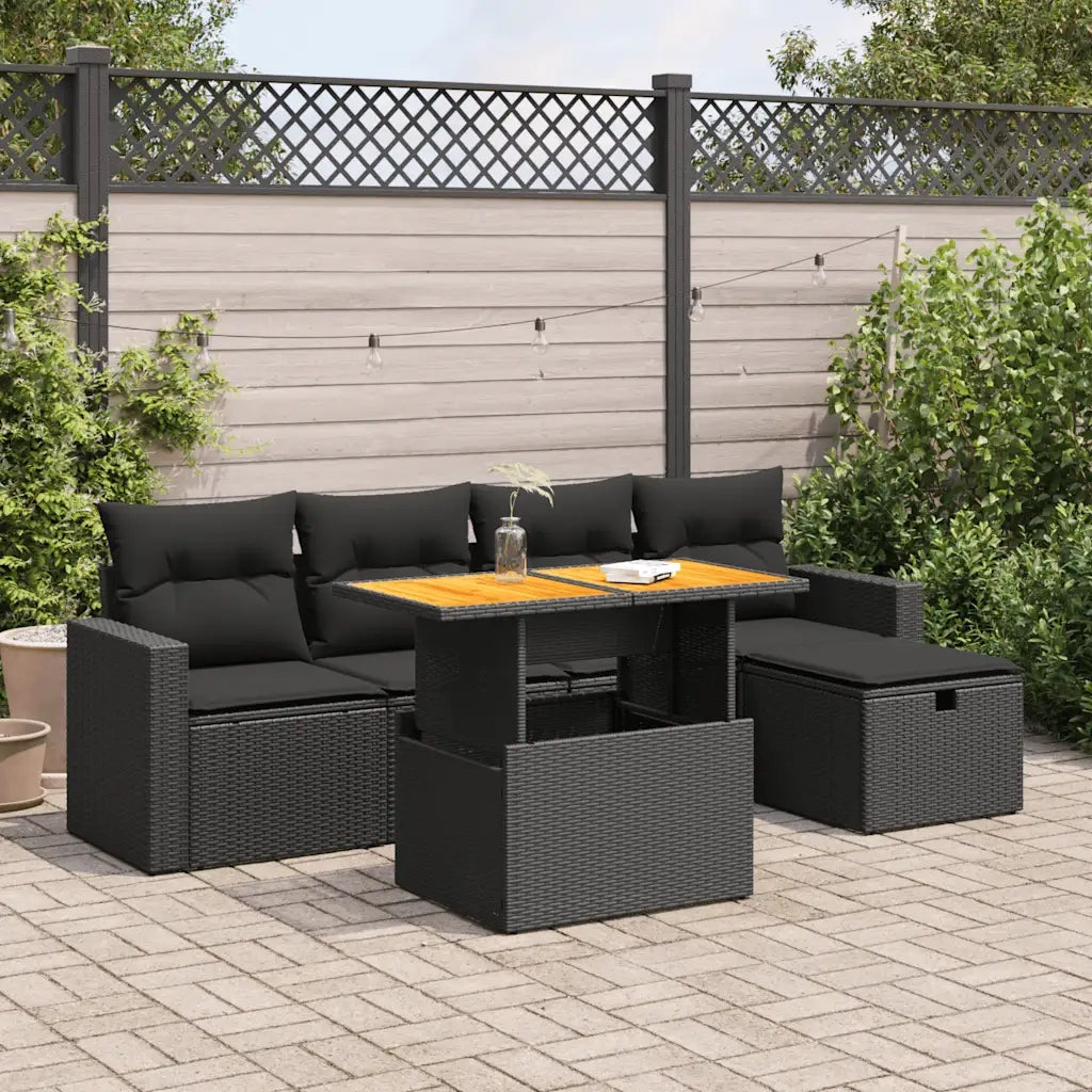 Set Divano da Giardino 6 pz con Cuscini Nero Polyrattan Acacia 3327993