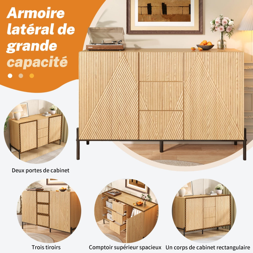 Madia con 2 Ante e 3 Cassetti; Gambe in Metallo; per Soggiorno Sala da Pranzo; MDF; 115.5 × 40 × 76 cm; Naturale