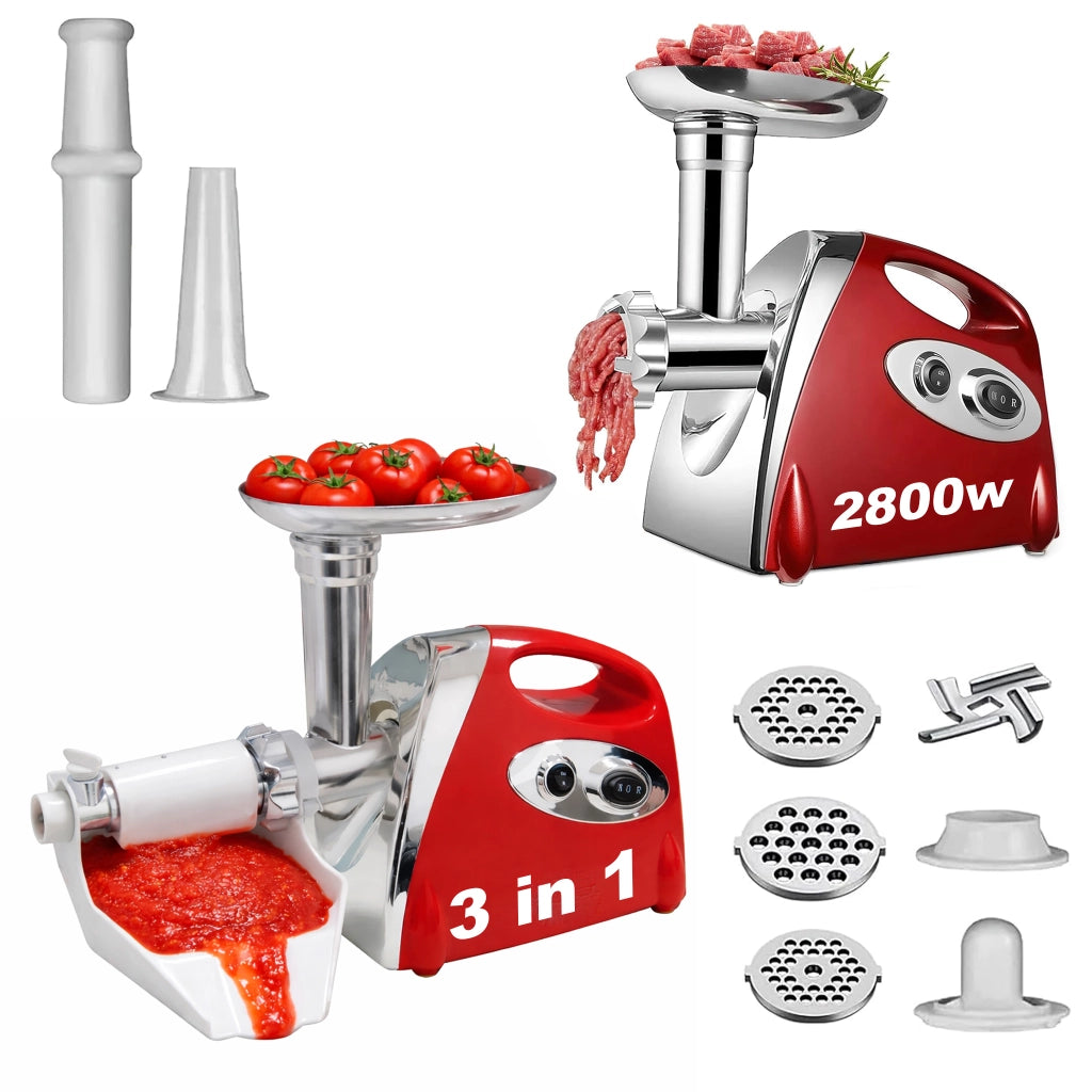 Tritacarne Passapomodoro Elettrico 2800W Max 3 in 1 con Spremipomodoro e Tritaverdure, 3 Dischi in Acciaio Inox + Accessorio Kubbe, Multifunzionale per Carne e Verdure