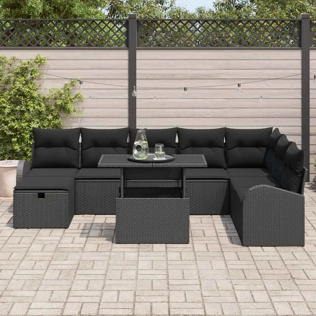 Set Divano da Giardino con cuscino 9 pcs Nero Poly Rattan