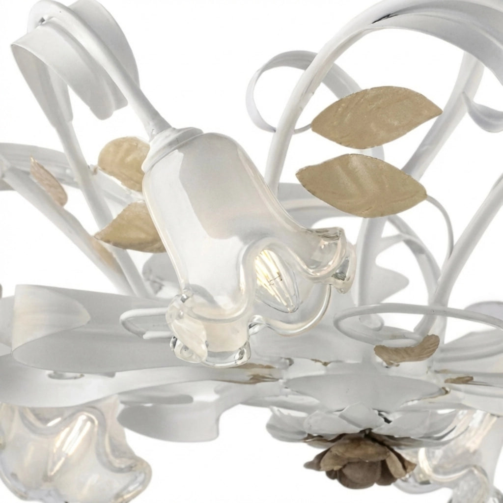 Lampadario Arte Povera Cesto Metallo Bianco E Oro 8 Luci E14