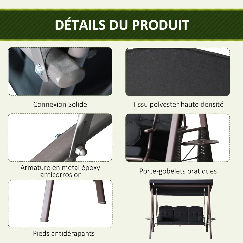 Sedia a dondolo da giardino 3 posti ¨C Minimal ¨C grigio scuro, polyrattan, cuscini