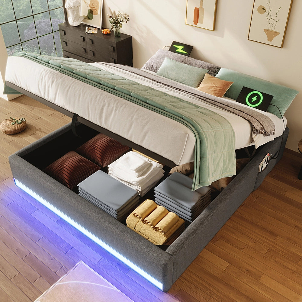 Letto contenitore - Xylo - 140x200 cm LED USB grigio