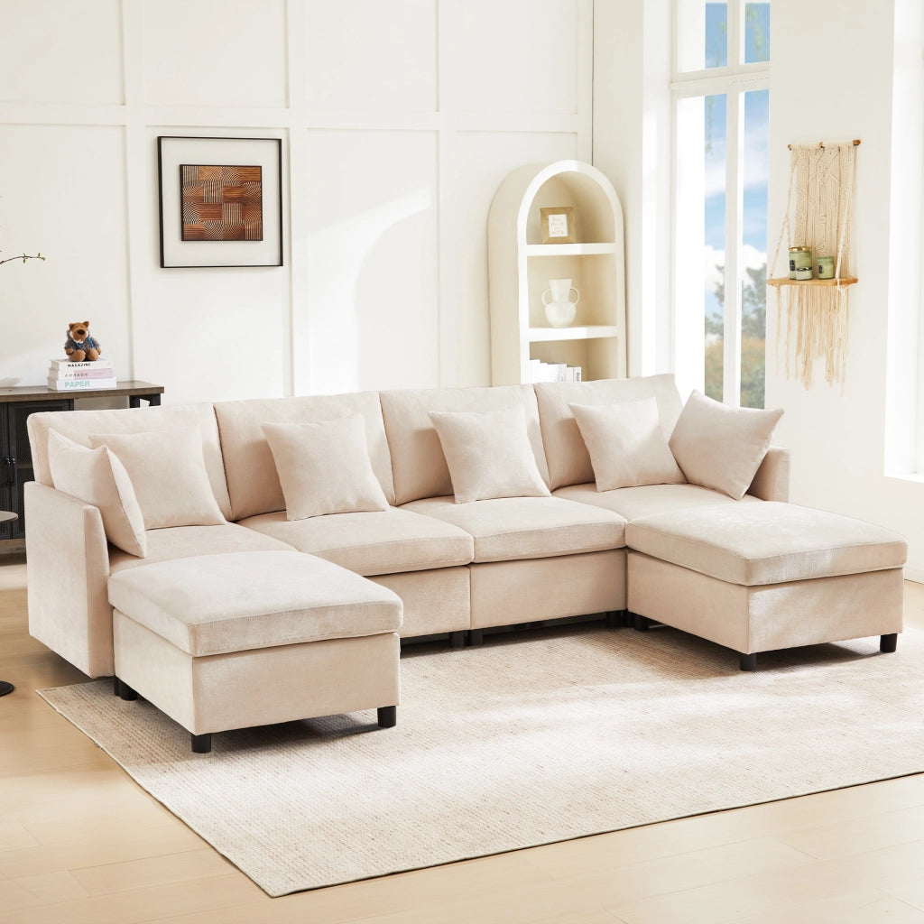 Divano modulare - Zephmum- Trasformabile in U e L, 2 pouf, 6 cuscini, tessuto chenille