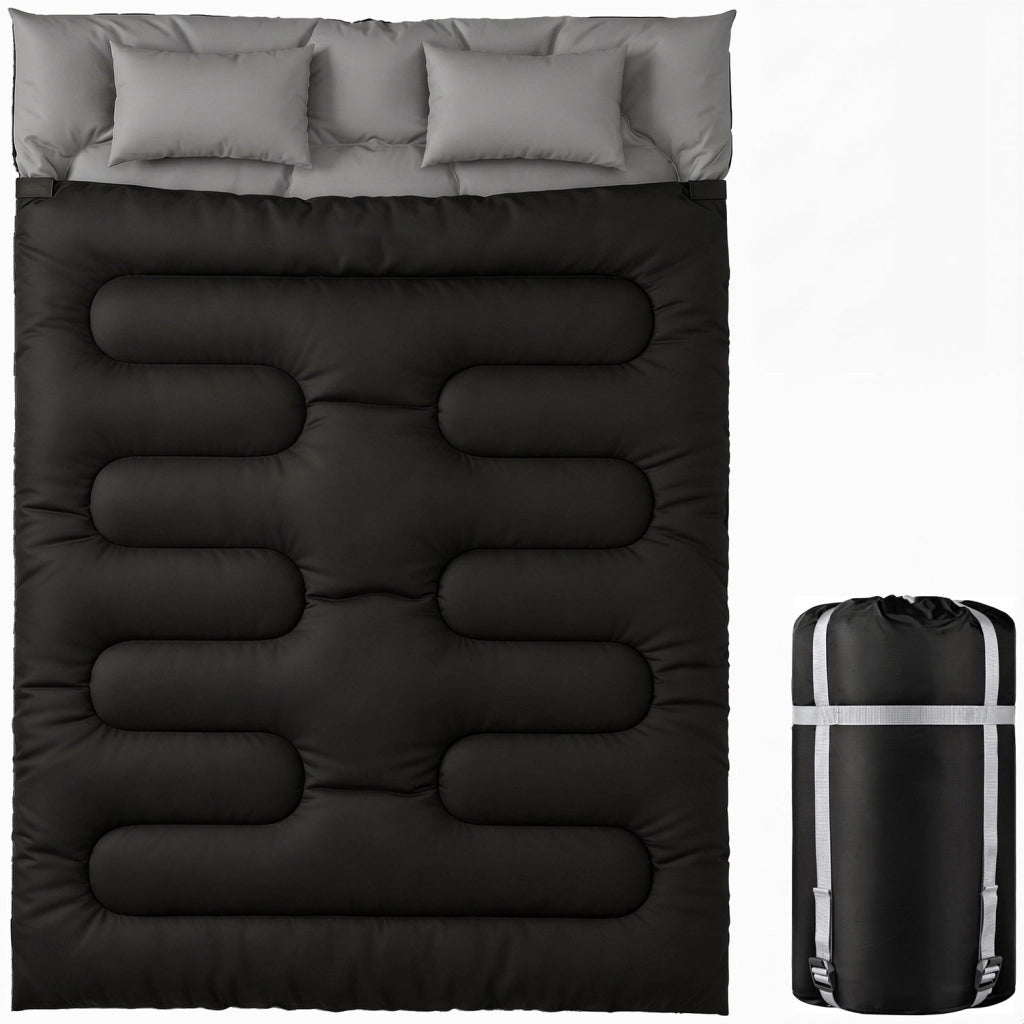 Sacco a Pelo Matrimoniale per 2 Adulti 230x165 cm con Cuscini Temperatura 0-5°C in Poliestere e Cotone Nero