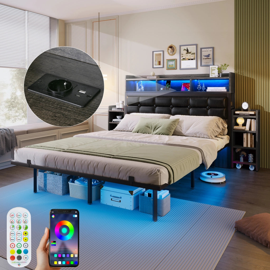 Letto matrimoniale 140x190 grigio con doghe 2 comodini estraibili USB/Type-C LED