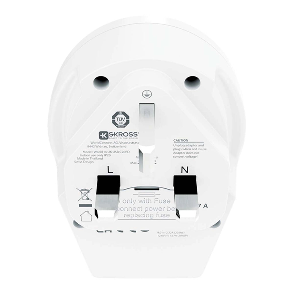 Adattatore da viaggio USB-C PD 20W da internazionale a britannico Bianco Skross