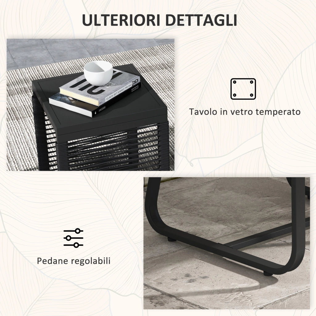 Set da Giardino Poltroncine e Tavolino ¨C Minimal ¨C Rattan Nero con Cuscini e Vetro