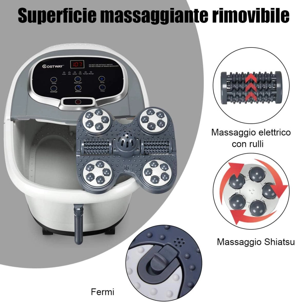 Idromassaggio per Piedi Idromassaggiatore Plantare Massaggio Shiatsu, con Funzione Calore Timer e Rulli, Luce a Infrarossi, 15L, Grigio