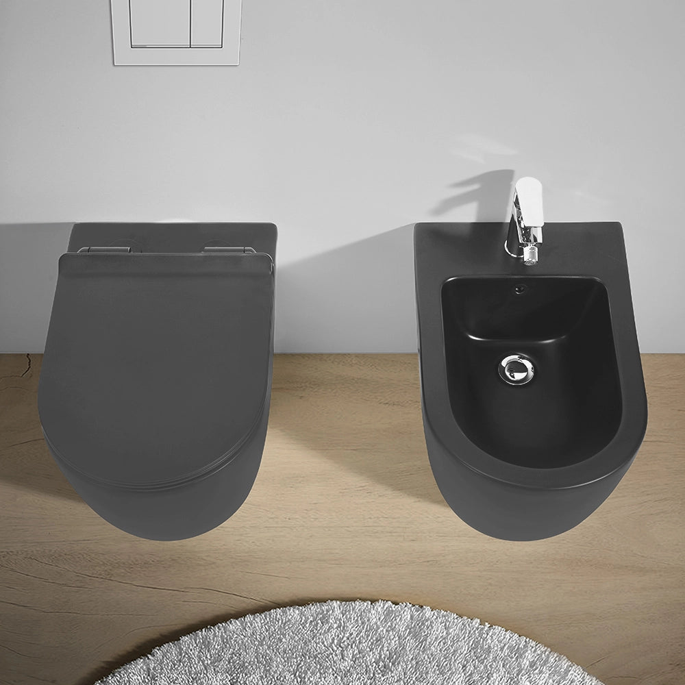 Sanitari Filomuro in ceramica grigia opaca con copriwc e scarico a tornado Tokyo
