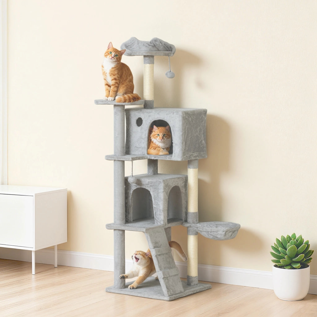Tiragraffi per Gatti con Casette e Amaca ¨C Xylo ¨C Grigio 48x48x160 cm