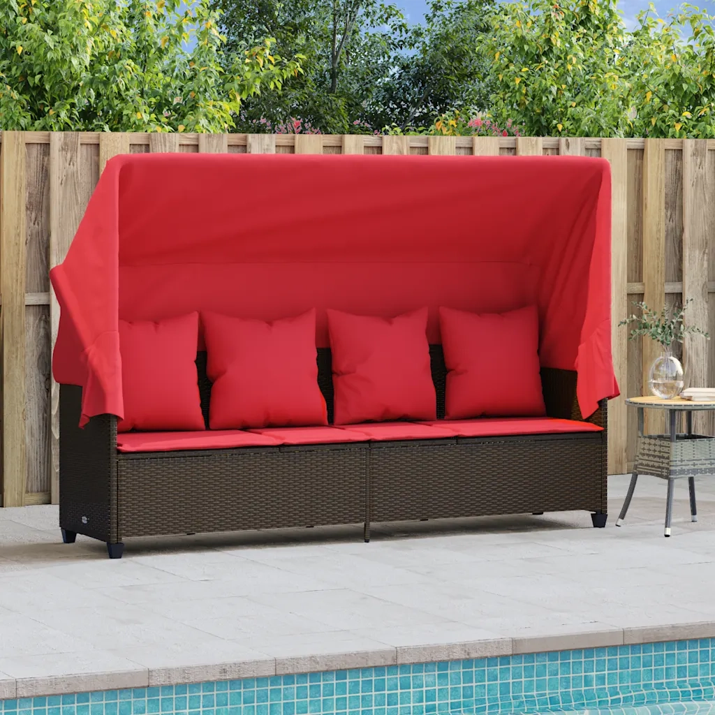 Lettino Prendisole con Baldacchino e Cuscini Marrone Polyrattan 368359