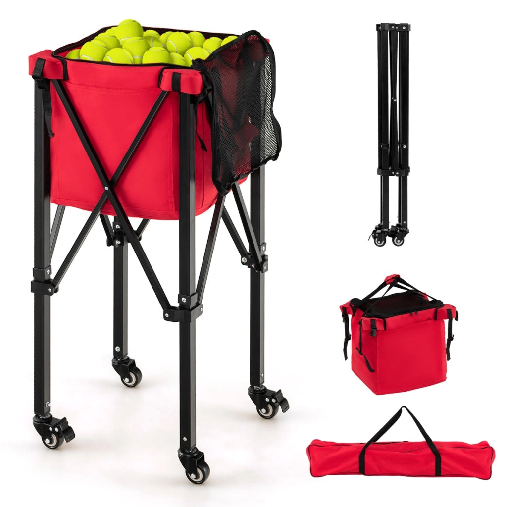 Carrello porta palline da tennis in alluminio con ruote borsa rimovibile, Cesto raccogli palline tennis Rosso-Ricreazione outdoor