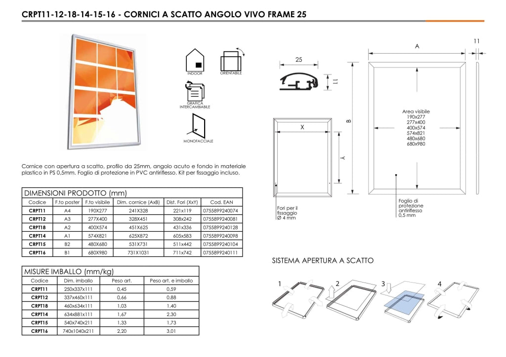 Cornice a scatto 60 x 85 profilo 25mm angolo vivo