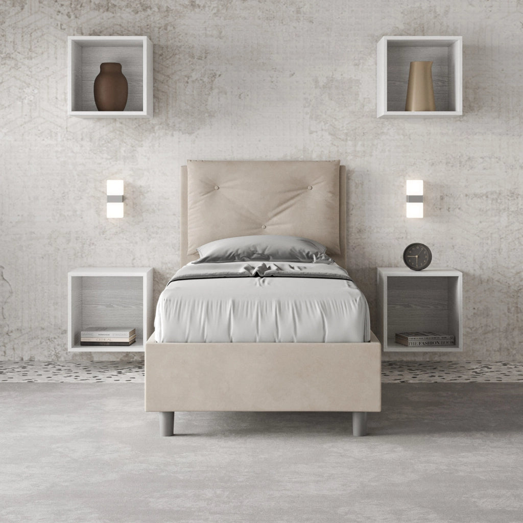 BS COM Letto singolo senza rete imbottito 90x210 microfibra sabbia