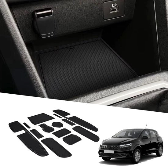 Accessori per Dacia Sandero III Stepway III Crossover 2021-2023 - antislipmattone per console centrale - supporto braccio in gomma - contenitore per bicchiere - maniglione antislip - deurstopper 13 pezzi nero