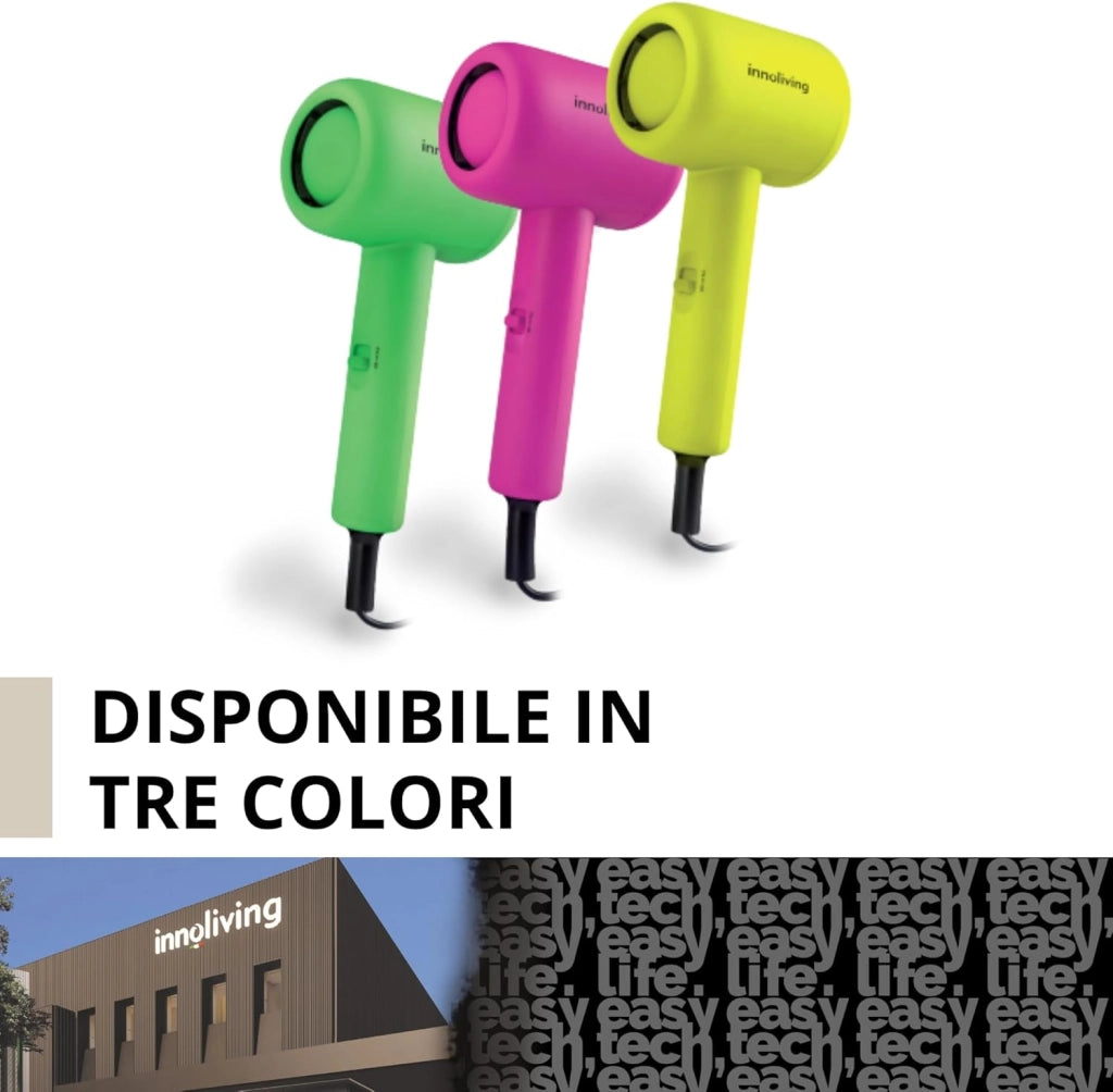 Innoliving Asciugacapelli Mini INN-612 Giallo, Compatto e Pieghevole, 1200W, Doppia Velocità,Disponibile in Vari Colori, Design Portatile per Viaggi e Palestra