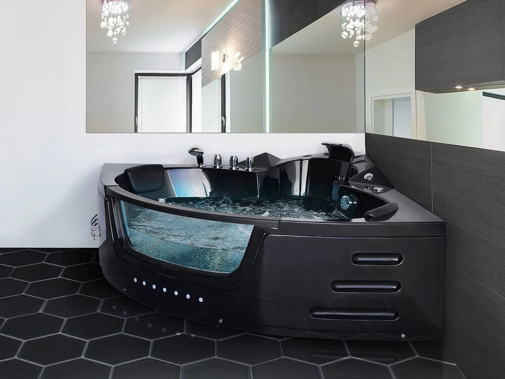 Punti Massaggio Vasca Angolare Nero Sanitario Acrilico e Vetro 215 x 155 cm