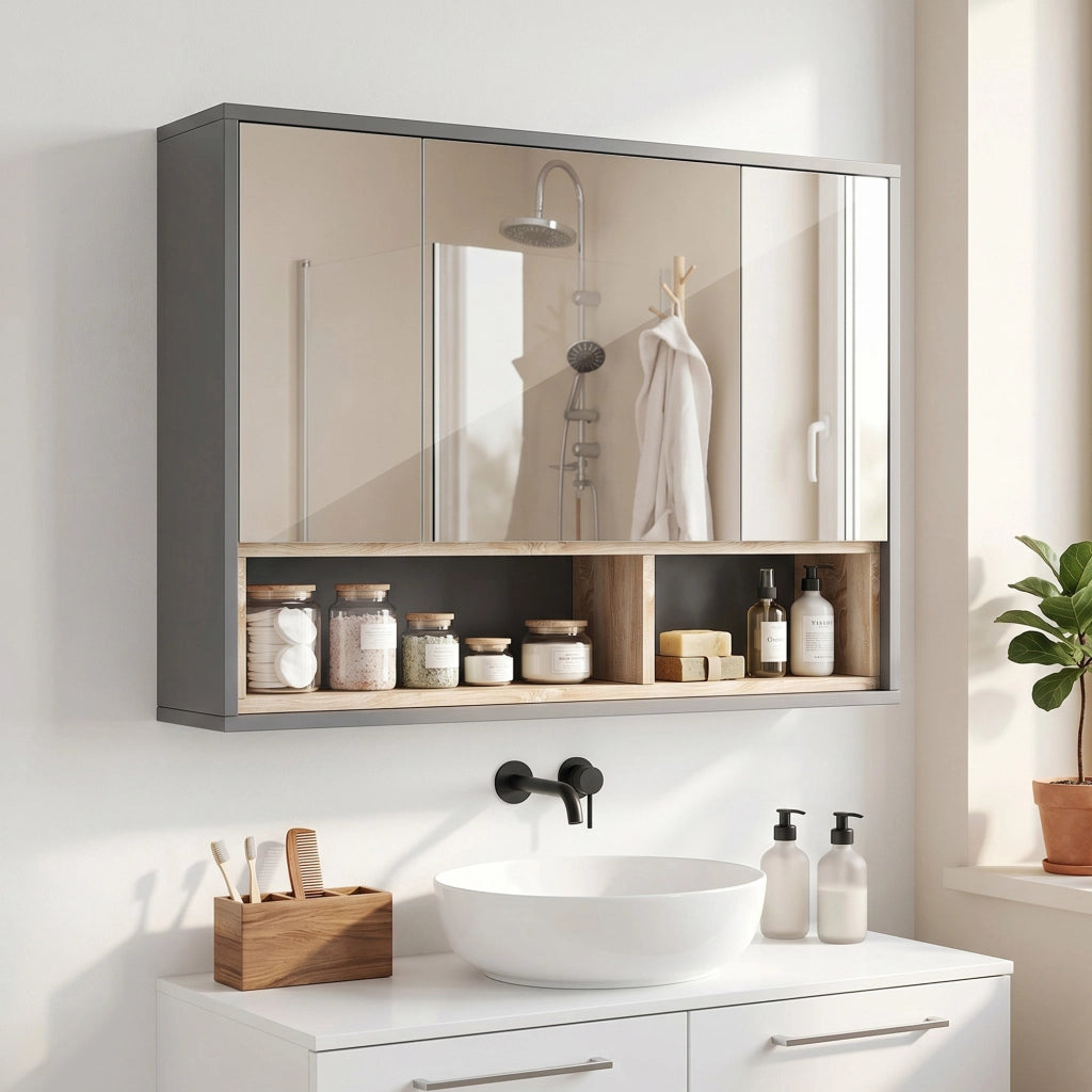 Armadio bagno con specchio e ante ¨C Minimal ¨C grigio 80x30x180 cm