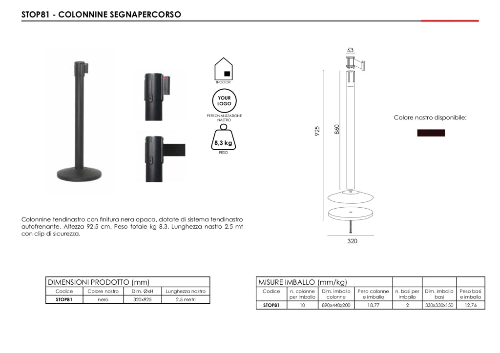 Set 10 Colonnine Segnapercorso Tendinastro Nero EasyTOP